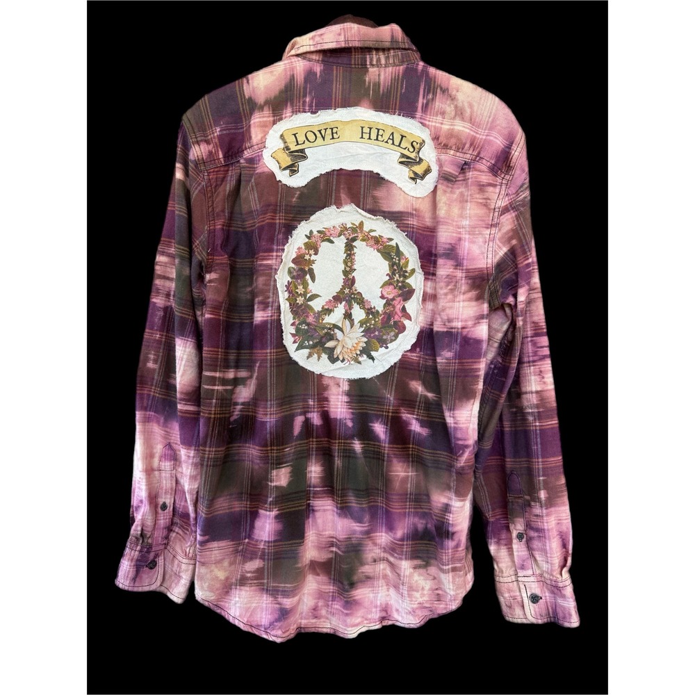 Moonshine Salvage Love Heals Peace Flannel Shirt Boho Folk Art Medium